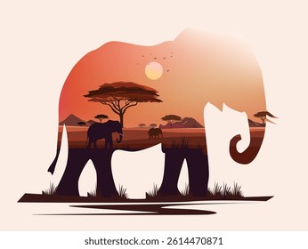 Illustration of double exposure image of an elephant and a wildlife sanctuary