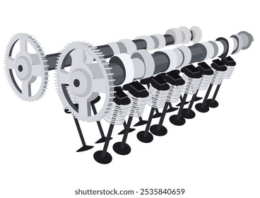 Ilustração de um motor de eixo de cames duplo (DOHC). Possui duas árvores de cames localizadas acima das válvulas. Ilustração plana de vetor