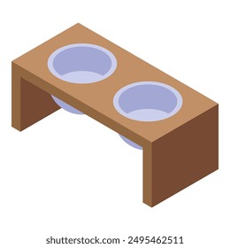 Illustration of a double pet bowl standing on wooden platform for pet food and water