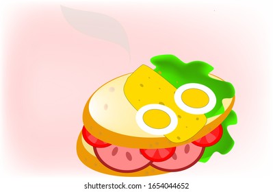 ilustración de un sándwich doble con pan blanco, rodajas de salami y tomate, una rebanada de queso y dos rebanadas de huevos cocidos, decoradas con lechuga, sobre un fondo rosa claro