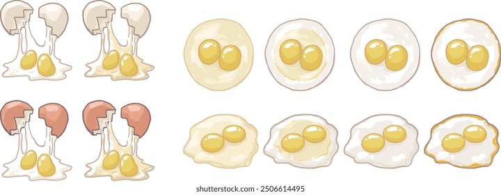 Ilustración de huevos de yema doble y huevos escalfados de diferentes grados de cocción