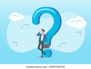 An illustration of doubtful businessman thinking about answer with big question mark. Think about answer or solution, contemplation, doubt or concentration