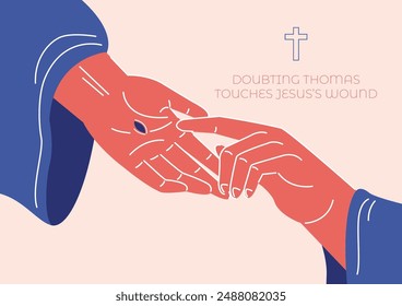 An illustration of doubting Thomas puts his finger in nail mark on Jesus hand, vector illustration