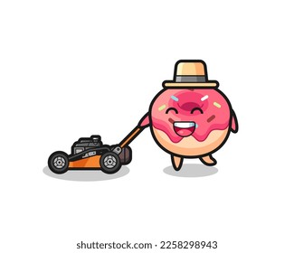 illustration of the doughnut character using lawn mower