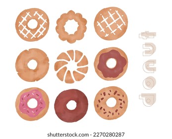 Illustration of doughnut.Old fashion, chocolate doughnuts, strawberry doughnuts.