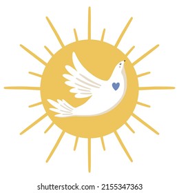 An illustration of a dove is flying against the backdrop of the sun. Symbolizes world peace, stopping the war, truce, hope. Isolated objects on a white background.