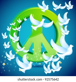 illustration of dove flying around peace symbol