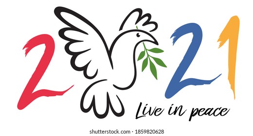 Illustration of a dove holding in its beak an olive branch, to wish a year 2021 under the sign of peace in the world.