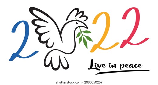 Illustration of a dove holding in its beak an olive branch, to wish a year 2022 under the sign of peace in the world.