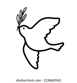 Illustration of a dove holding an olive branch, it is a symbol of peace. (monochrome line drawing)