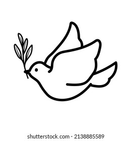 Illustration dove holding an olive branch  it is symbol peace  (monochrome line drawing)