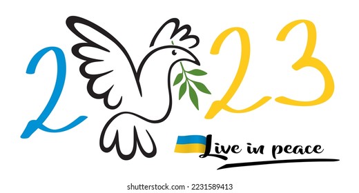 Illustration of a dove holding an olive branch in its beak, to wish that the year 2023 will see the return of peace in Ukraine.