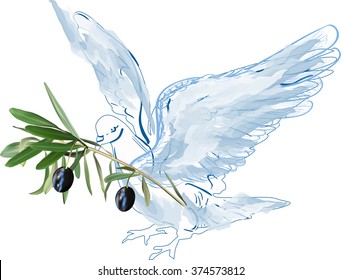 illustration with dove and olive branch isolated on white background