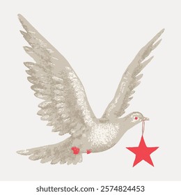 Illustration of a dove with outstretched wings holding a red star. The dove symbolizes peace. The red star adds a striking contrast. Peaceful dove, red star. Isolated vintage vector element.