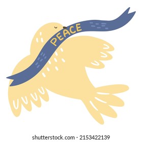 Illustration of a dove with a peace ribbon. Symbolizes peace, stopping the war, truce, hope. Isolated objects on a white background.