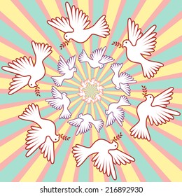 Illustration with a dove and rays. Bright illustration with doves.