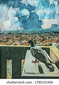 illustration of a dove standing on a table, against the background of a city and galaxy.