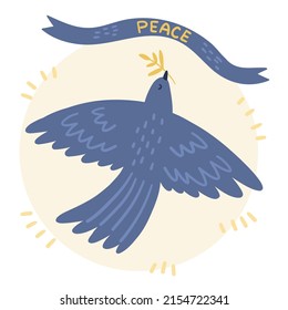 Illustration of a dove with a twig and a ribbon "Peace". Symbolizes peace, stopping the war, truce, hope. Isolated objects on a white background.