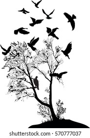 illustration with doves near bare tree isolated on white background