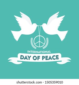 Illustration of doves, peace icon and paddy combined as a simply design for International Day of Peace.