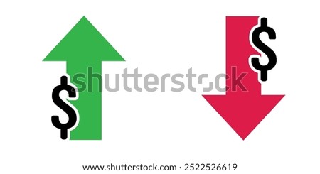 Illustration of up and down arrow icon, red and green arrow icon with dollar sign. Design concept for banking, credit, interest rate, finance, money. Professional on white background