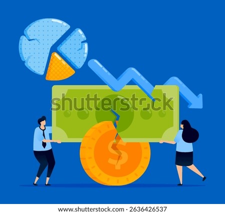 Illustration of a down arrow with people forcibly withdrawing money and damaged cash, symbolizing a broken financial system and economic recession, designed for finance alerts and blogs