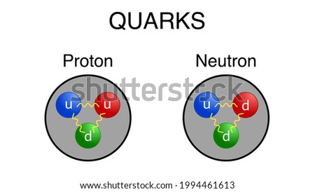 Illustration of up and down quarks in proton and neutron.