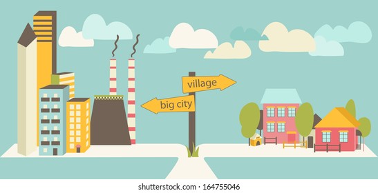 Illustration of the downshifting. Changing mind. Arrow sign on the road to the big city and village.
