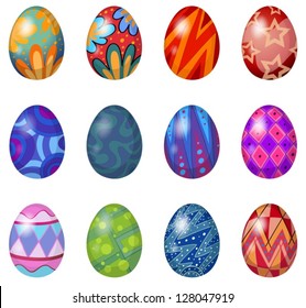 Illustration of a dozen of easter eggs on a white background