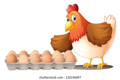 Illustration of the dozen of eggs in a tray and the hen on a white background