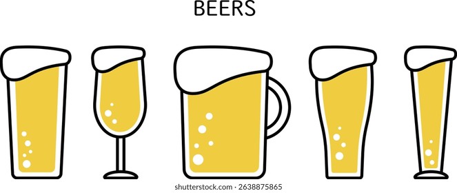 Illustration of draft beer poured into various glasses