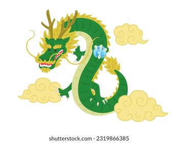 An illustration of a dragon with a ball in the cloud.