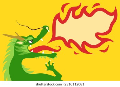 Ilustración de un dragón soplando fuego. Pon el texto que quieras en la llama. Ilustración vectorial.