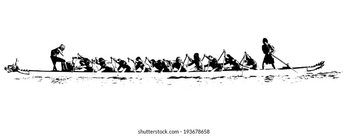 illustration of a dragon boat in action, black and white on white background