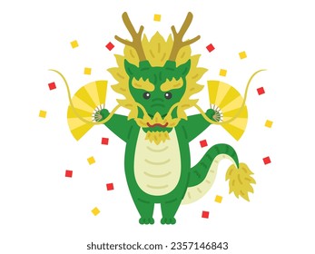 Illustration of a dragon character holding a fan amidst confetti.