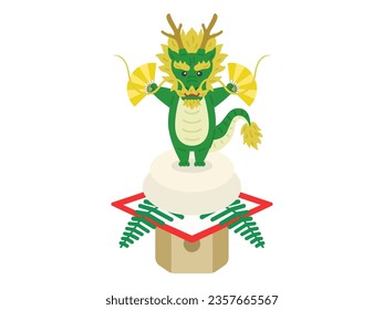 An illustration of a dragon character holding a fan and sitting on top of a kagami mochi.