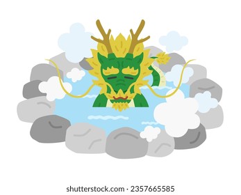 Illustration of a dragon character relaxing in a hot spring.