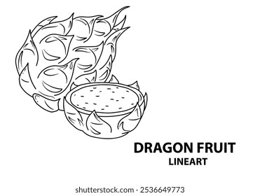 Una ilustración de una fruta de dragón, mostrando su vibrante piel de color rojo rosado con escamas de punta verde. El fruto se abre para revelar un interior blanco y suave moteado con pequeñas semillas negras.