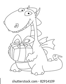 illustration of a dragon and a gift outlined