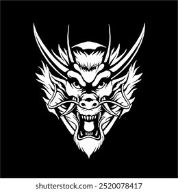 Illustration of a dragon head with black and white vector technique. Depicting the shape of a dragon's head with details of horns, teeth and fangs and dragon hair that waves like flames