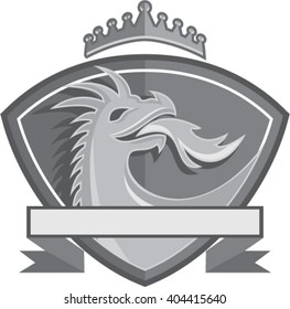 Illustration of a dragon head breathing fire viewed from the side set inside shield crest with crown done in retro metallic style. 