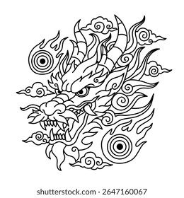 illustration of dragon head tattoo in the middle of flames and clouds.old asian tattoo style