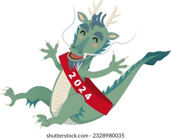 Illustration of a dragon jumping with a sash 2024 Dragon year illustration