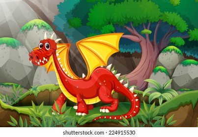 Illustration of a dragon in a jungle