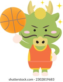 Illustration of a dragon playing basketball that can be used for New Year's cards in 2024