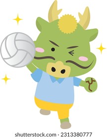 Illustration of a dragon playing volleyball