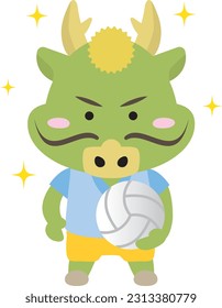 Illustration of a dragon playing volleyball