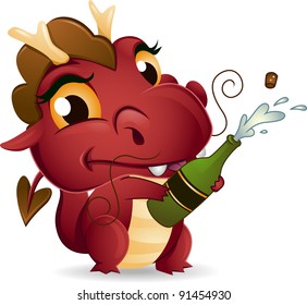 Illustration of a Dragon Popping a Champagne Bottle Open