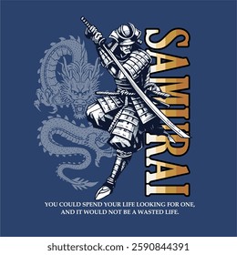 the illustration of dragon samurai and typography design arts