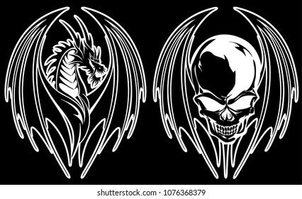 Illustration of a dragon and the scull,
